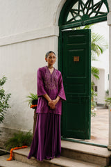 Wine Hand Embroidered Sharara Set- Inching India