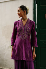 Wine Hand Embroidered Sharara Set- Inching India