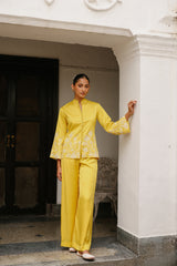 Yellow Coat Set with Wide Pants for Women's