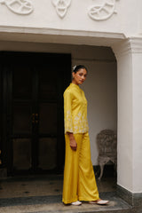 Yellow Coat Set with Wide Pants for Women's