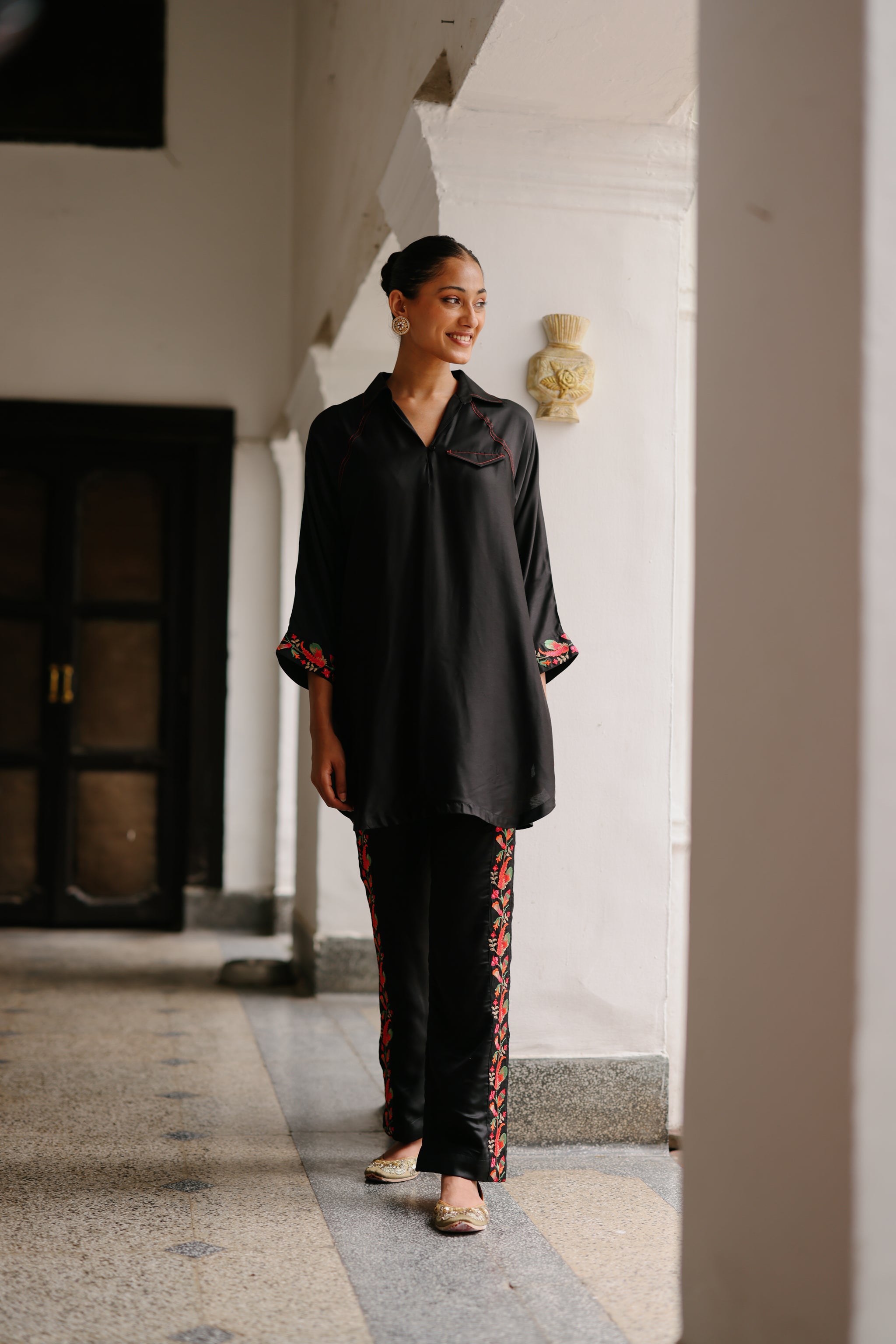 Black Top with Floral Embroidered Pants INCHING INDIA