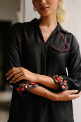 Black Top with Floral Embroidered Pants