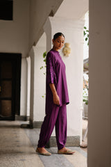 Floral Embroidered Wine Kurta Set