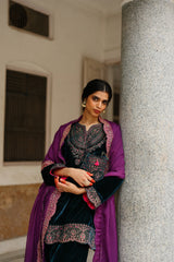 Blue Velvet Embroidered kurta Set with Wine Dupatta