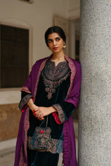 Blue Velvet Embroidered kurta Set with Wine Dupatta