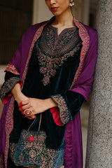 Blue Velvet Embroidered kurta Set with Wine Dupatta