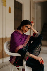 Blue Velvet Embroidered kurta Set with Wine Dupatta