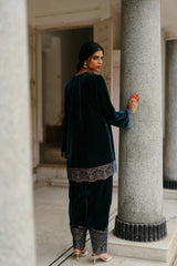 Blue Velvet Embroidered kurta Set with Wine Dupatta