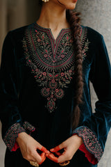 Blue Velvet Embroidered kurta Set with Wine Dupatta