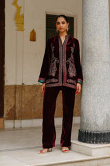 Parv Wine Embroidered Velvet Paisley Co-ord Set- Inching India