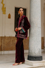 Parv Wine Embroidered Velvet Paisley Co-ord Set- Inching India