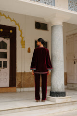 Parv Wine Embroidered Velvet Paisley Co-ord Set- Inching India