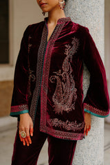 Parv Wine Embroidered Velvet Paisley Co-ord Set- Inching India