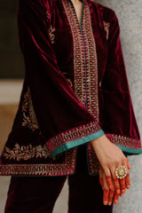 Parv Wine Embroidered Velvet Paisley Co-ord Set- Inching India