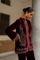 Parv Wine Embroidered Velvet Paisley Co-ord Set- Inching India