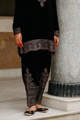 Black Velvet Suit Set with Contrast Pink Dupatta -Inching India