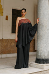 Black Embroidered One Shoulder Co-Ord Set