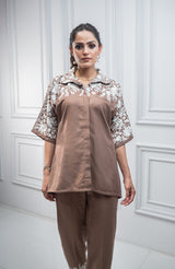 Brown Floral Embroidered Co-ord Set For Women -inching india