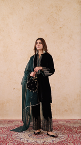 Regal Black Velvet Embroidered Set- Inching India
