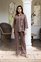 Ziya Brown Linen Embroidered Set