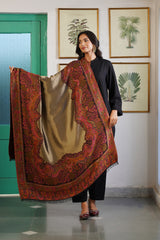 Antique gold wool blend shawl with red paisley woven border