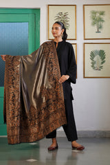 Bronze shimmer wool blend shawl with brown paisley woven border