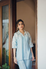 Light Blue Floral Embroidered Co-ord Set- Inchingindia