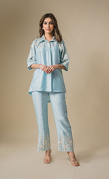 Light Blue Floral Embroidered Co-ord Set- Inchingindia