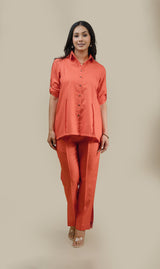 Seher Orange Linen Set with Embroidered Belt