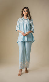 Light Blue Floral Embroidered Co-ord Set- Inchingindia