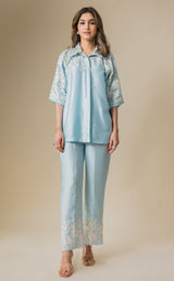 Light Blue Floral Embroidered Co-ord Set- Inchingindia