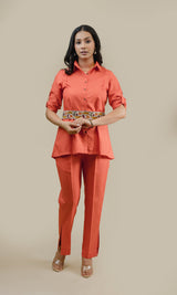 Seher Orange Linen Set with Embroidered Belt
