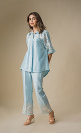 Light Blue Floral Embroidered Co-ord Set- Inchingindia