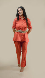 Seher Orange Linen Set with Embroidered Belt
