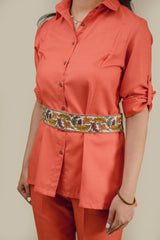 Seher Orange Linen Set with Embroidered Belt