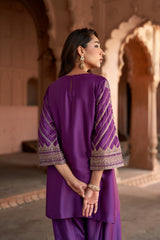 Jashn Wine Hand Embroidered Farshi Set, wine hand embroidered kurta with farshi and organza dupatta, image 4 of 13