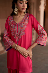 Jashn Hot Pink Aari Embroidered Salwar Set, hot pink aari paisley embroidered kurta salwar with organza dupatta, image 6 of 10