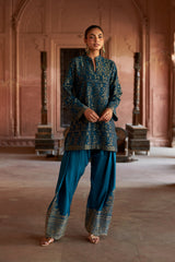 Jashn Teal Ikkat Brocade Farshi Set, teal ikkat brocade kurta with embroidered modal farshi, image 7 of 13