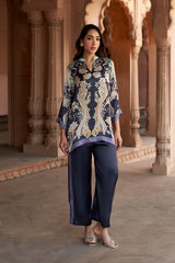 Jashn Navy Contrast Printed Co-ord Set, navy paisley print modal tunic with straight pants, image 1 of 11