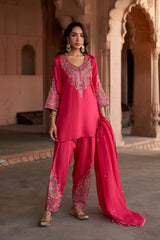 Jashn Hot Pink Aari Embroidered Salwar Set, hot pink aari paisley embroidered kurta salwar with organza dupatta, image 1 of 10
