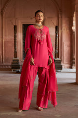 Jashn Hot Pink Embroidered Farshi Set, hot pink modal kurta with embroidered farshi and organza dupatta, image 9 of 10