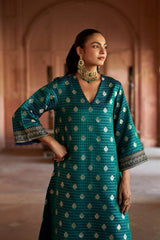 Jashn Teal Brocade Kurta Set, teal satin brocade kurta with striped brocade pants, image 2 of 7