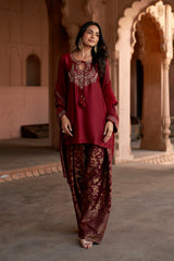 Jashn Maroon Embroidered Brocade Farshi Set, maroon embroidered kurta with brocade farshi and organza dupatta, image 9 of 12