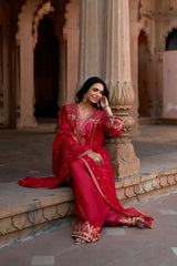 Jashn Rani Pink Orange Zari Farshi Set, rani pink kurta with orange zari embroidery, farshi and organza dupatta, image 4 of 12