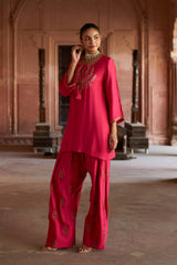 Jashn Hot Pink Embroidered Farshi Set, hot pink modal kurta with embroidered farshi and organza dupatta, image 7 of 10