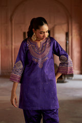 Jashn Purple Brocade Embroidered Salwar Set, purple brocade kurta salwar with embroidered patchwork and organza dupatta, image 7 of 9
