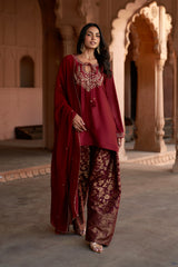 Jashn Maroon Embroidered Brocade Farshi Set, maroon embroidered kurta with brocade farshi and organza dupatta, image 1 of 12
