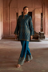 Jashn Teal Ikkat Brocade Farshi Set, teal ikkat brocade kurta with embroidered modal farshi, image 8 of 13