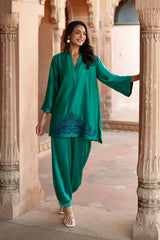 Jashn Emerald Cutwork Embroidered Co-ord Set, emerald modal tunic with dark blue cutwork embroidery and harem pants, image 5 of 5