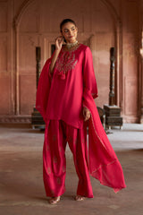 Jashn Hot Pink Embroidered Farshi Set, hot pink modal kurta with embroidered farshi and organza dupatta, image 10 of 10
